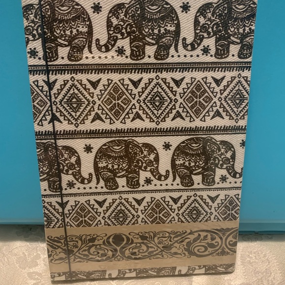 Fabric covered elephant print notebook & metal embossed medallion on front, new - Picture 2 of 3